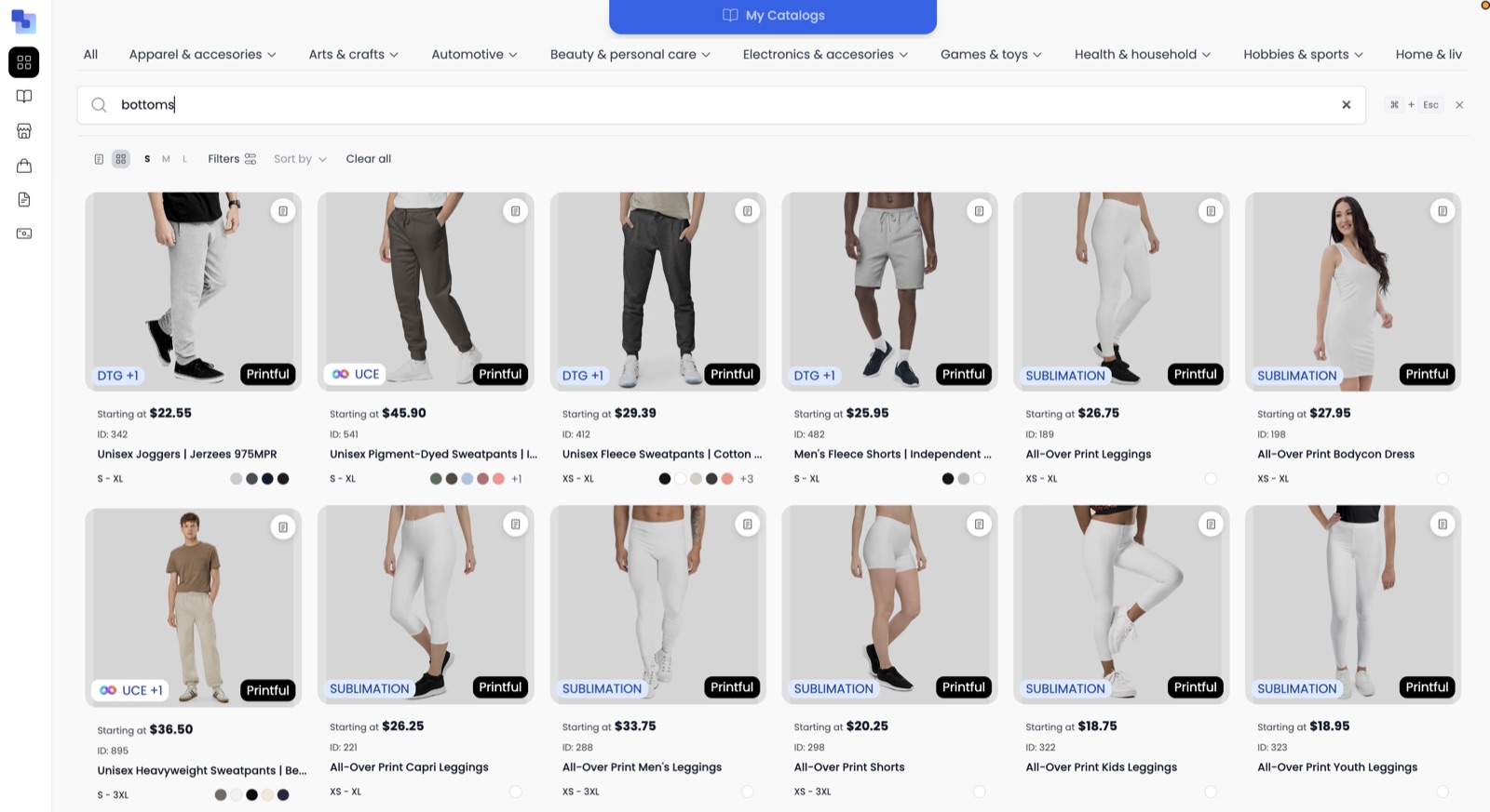 Custom branded bottoms in the Brikl marketplace — joggers, sweatpants, shorts and all-over-print leggings