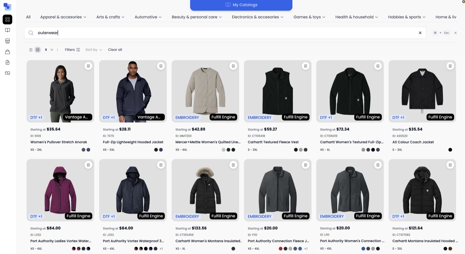 Custom outerwear in the Brikl marketplace — Carhartt vests, Port Authority fleece jackets and Vantage anoraks