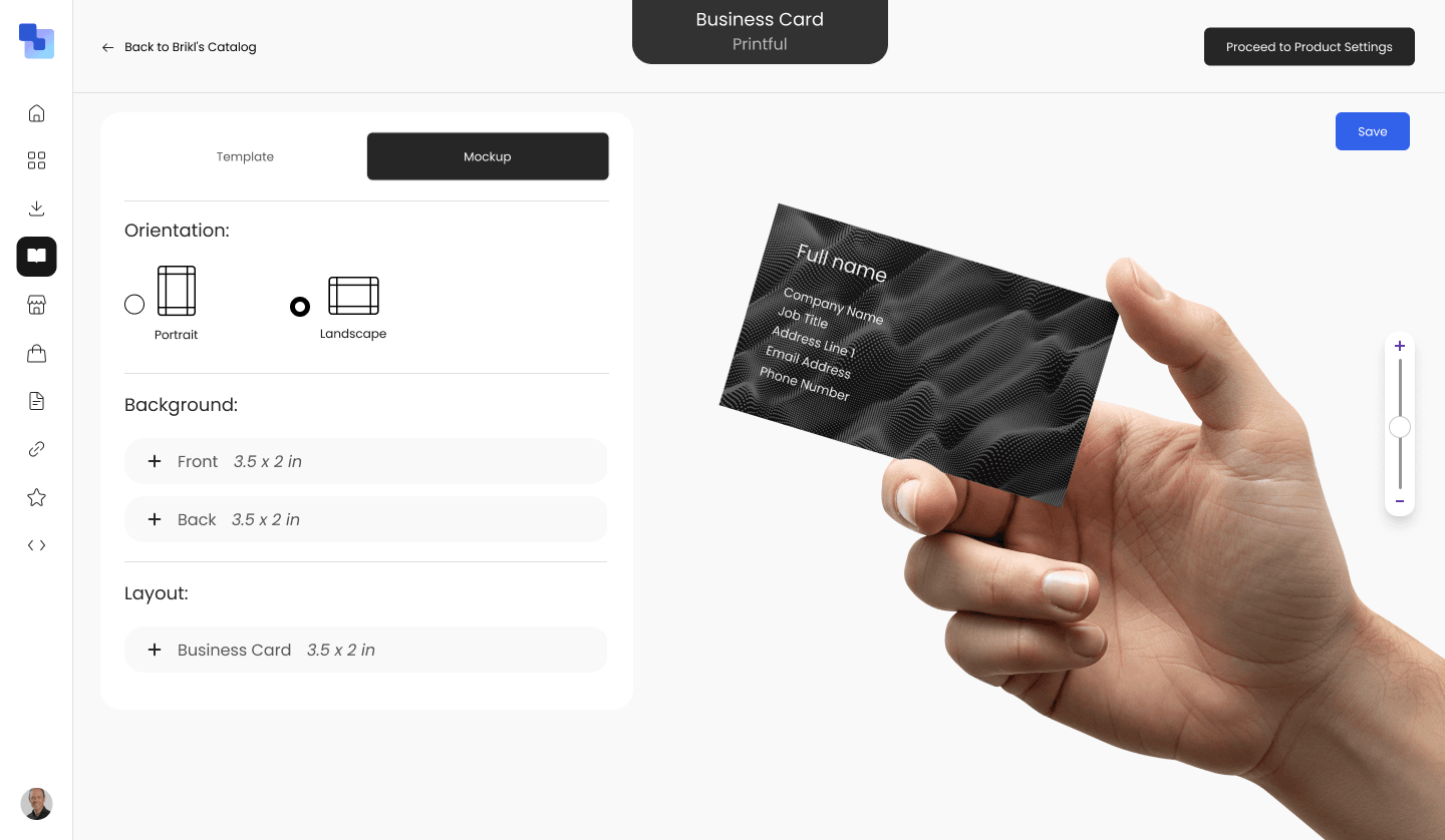 Brikl dashboard mockup tab showing a realistic 3D preview of the business card held in a hand