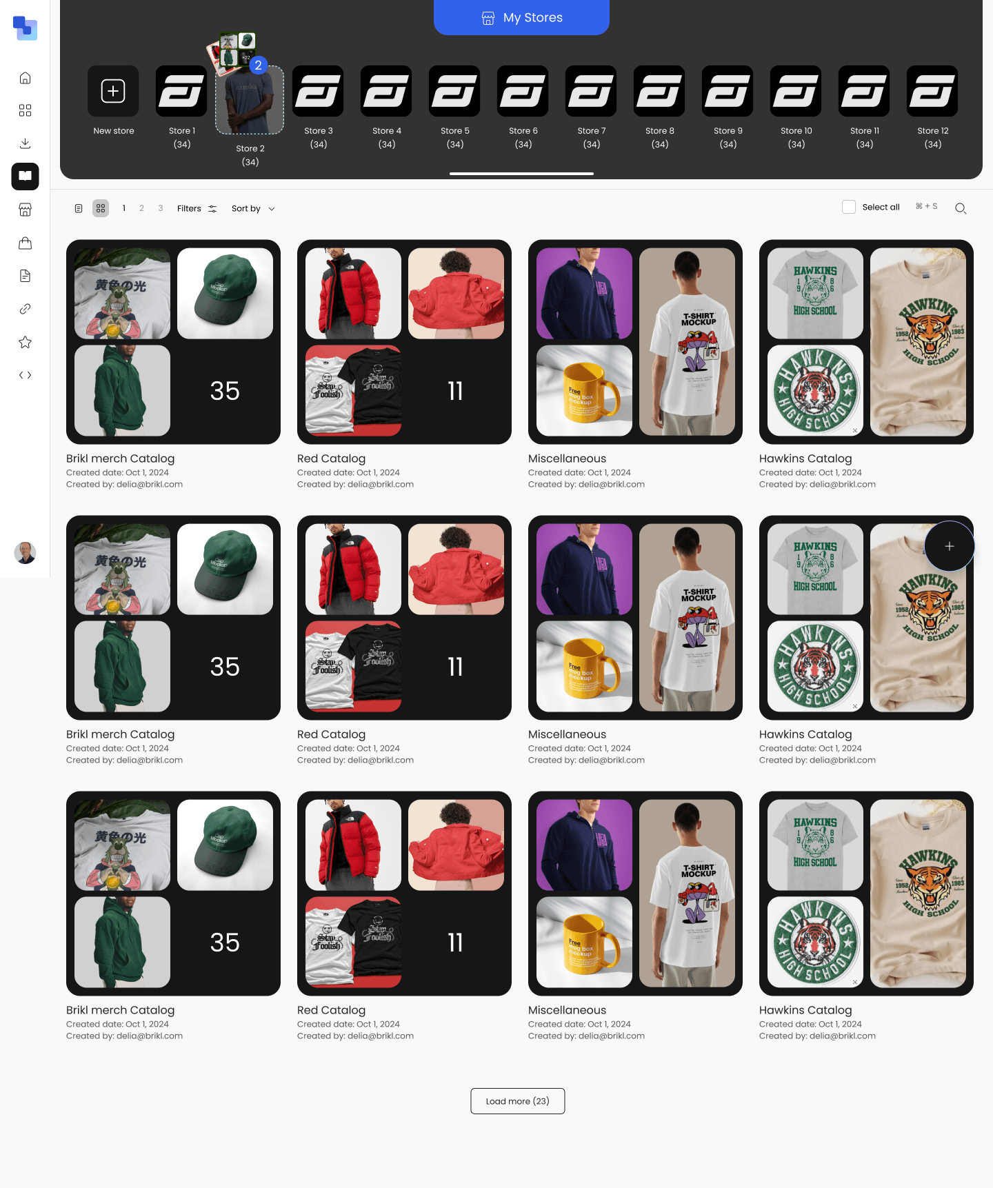 Catalog dashboard showing a grid of catalogs including Brikl merch Catalog, Red Catalog, Miscellaneous, and Hawkins Catalog — each with product thumbnail grids, names, dates, and store selector at the top
