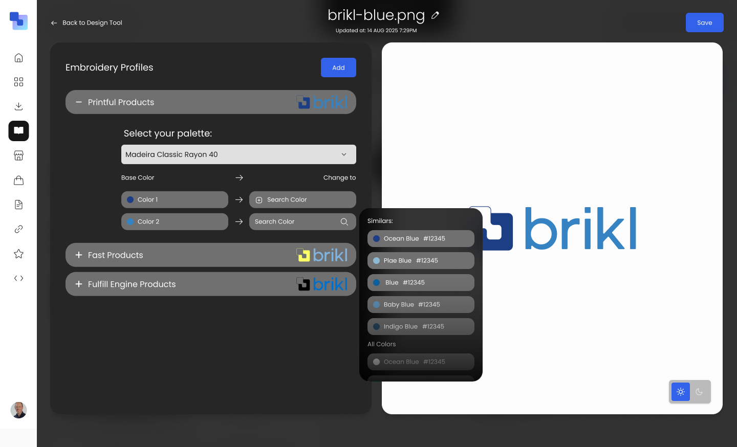 Embroidery profiler showing thread color mapping for the Brikl logo — Madeira Classic Rayon 40 palette selected, with base color and changed color fields, organized by fulfillment partner (Printful, Yost, Fulfill Engine)