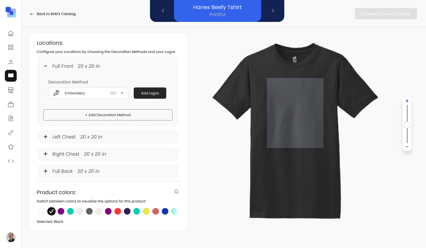 Design tool showing a Hanes Beefy Tshirt with decoration locations panel — Full Front (25x25in) with Embroidery method selected, plus collapsible Left Chest, Right Chest, and Full Back locations. Product colors shown at bottom. T-shirt preview with decoration zone highlighted on the right.