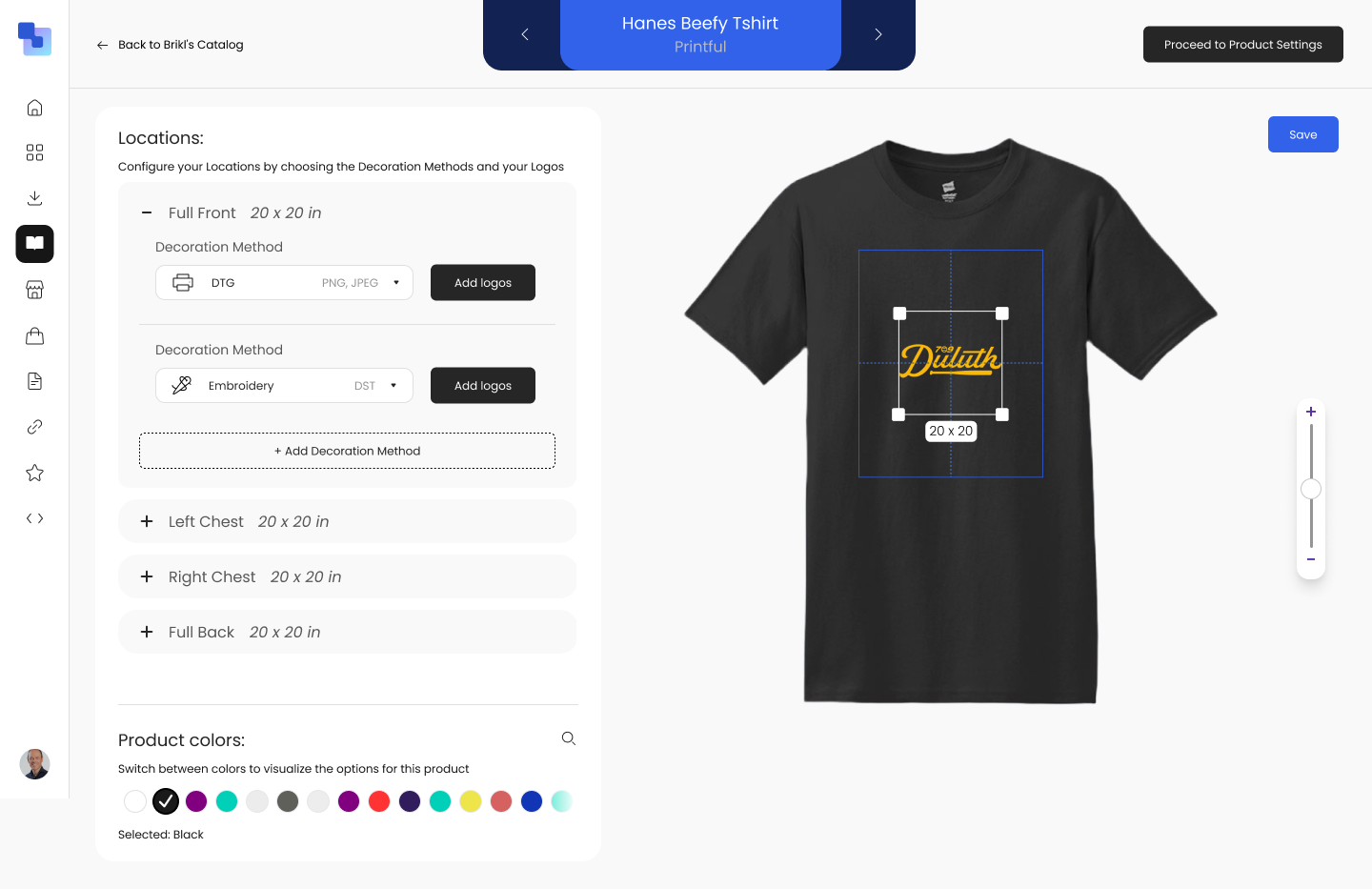 Design tool showing a black t-shirt with a logo placed on the front using DTG and Embroidery methods, with the live preview displaying the exact logo placement