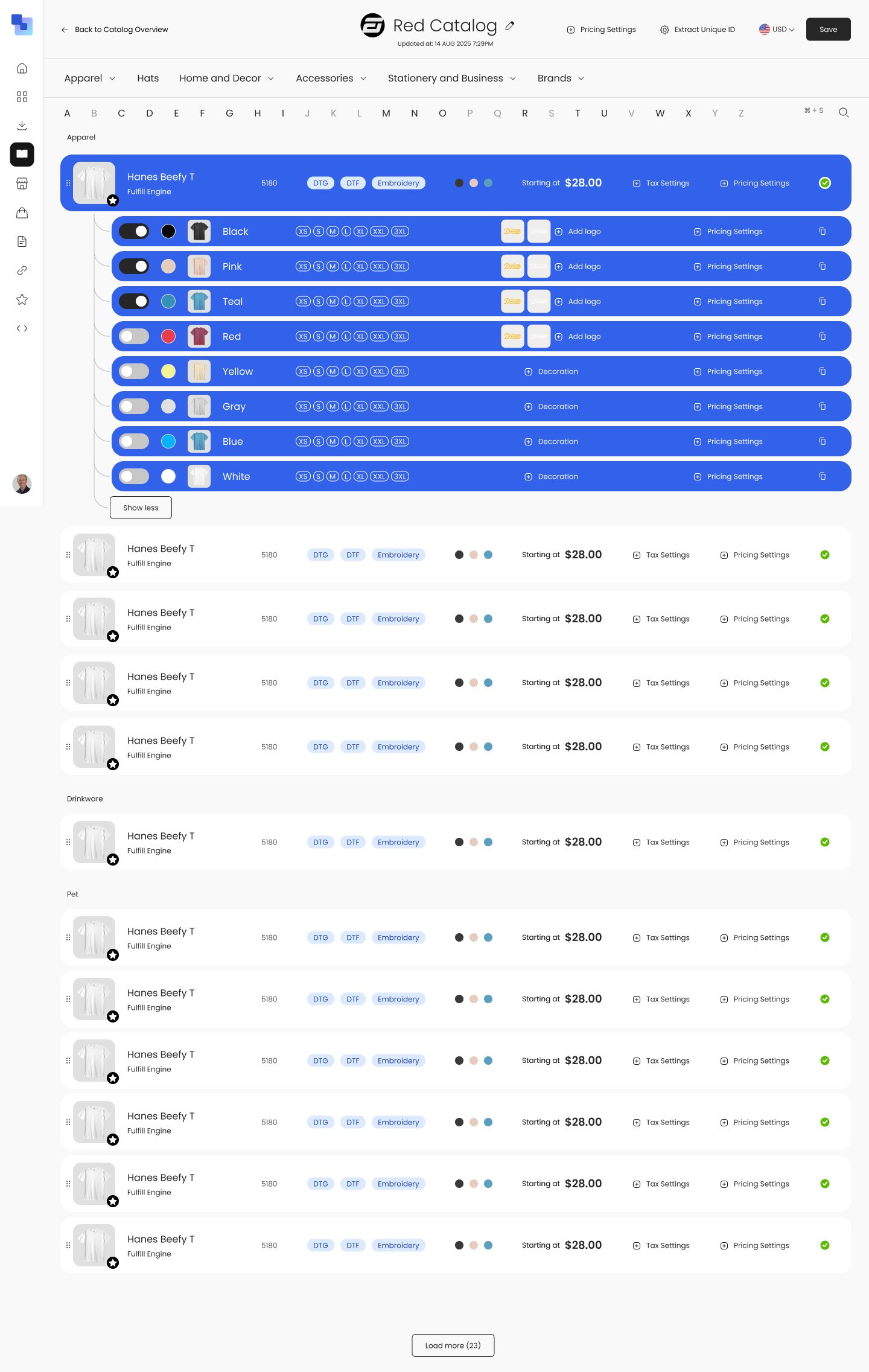 Expanded product row showing all color variants (Black, Pink, Teal, Red, Yellow, Gray, Blue, White) with blue progress bars, Add Logo buttons, Favorites toggles, and Pricing Settings links per variant