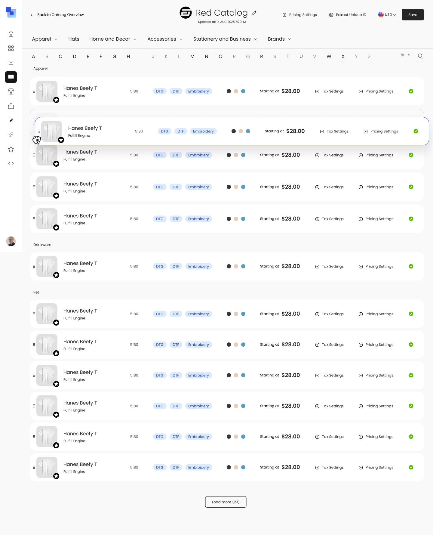 Product setting table inside Red Catalog showing rows of Hanes Beefy T products organized by category (Apparel, Dressware, Hat) with decoration method badges, color swatches, pricing, and status indicators