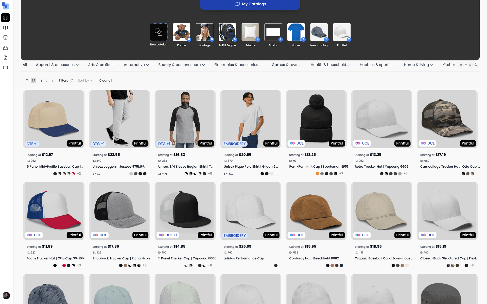 Drag and drop interface showing products being pulled from the marketplace into a catalog — the My Catalogs tray is open at the top with catalog thumbnails