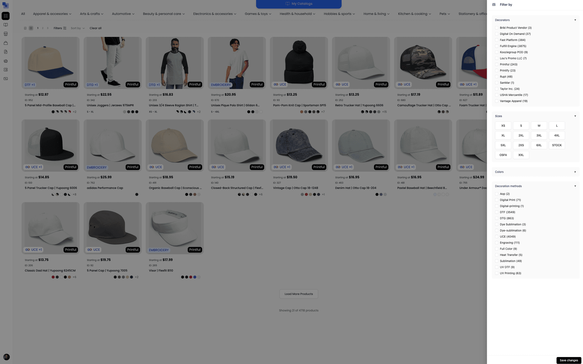 Marketplace filter panel showing decoration method, size, and color filters with product count per option