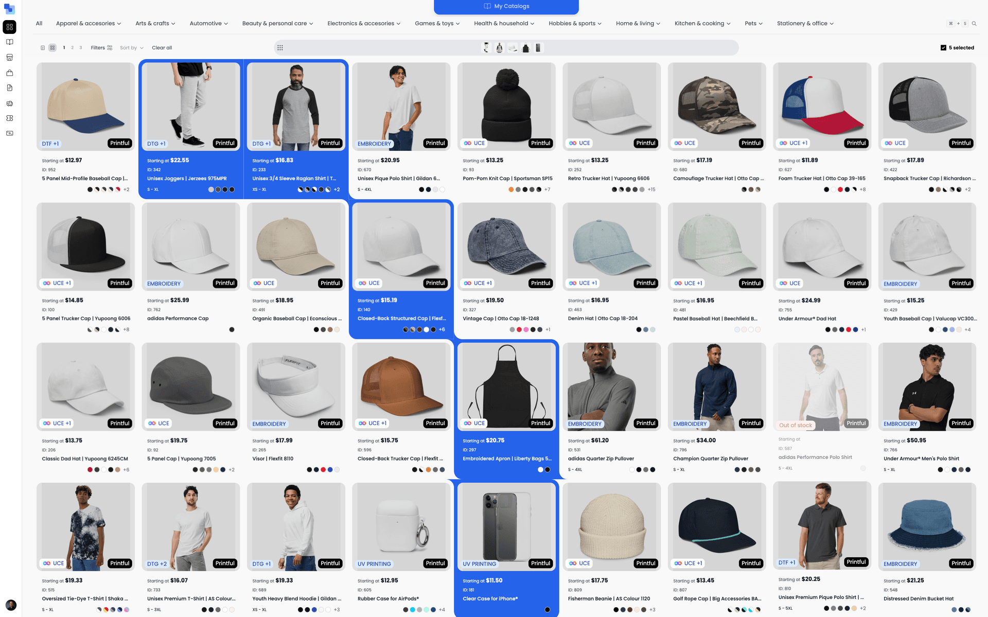 Brikl supplier marketplace in grid view showing products from multiple fulfillment partners with prices, color swatches, and star ratings