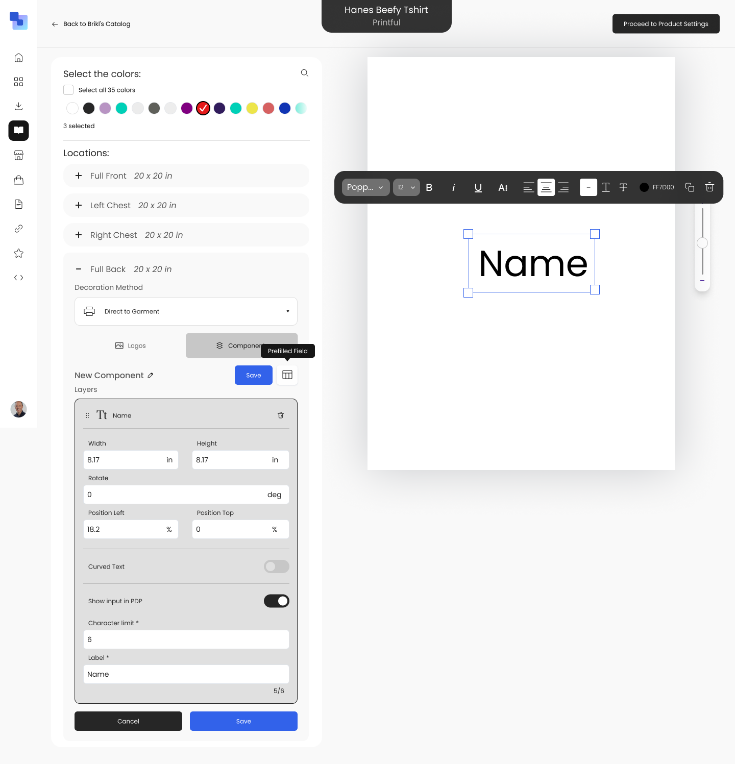 Brikl dashboard showing the composition editor with a Name input field configured — font, size, character limit, and Show Input in PDP toggle