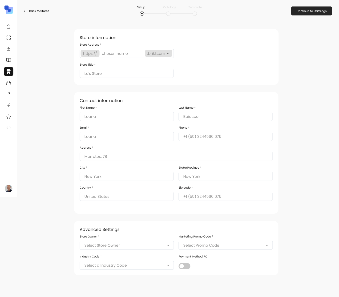 Store creation screen showing fields for store name, organization, description, and contact details