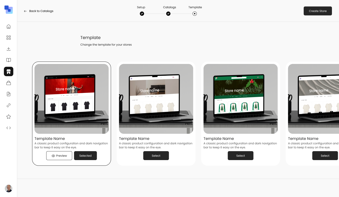 Template selection step showing four store templates displayed as laptop mockups, each with a template name, description, and Select button — part of the Setup, Catalogue, Template wizard flow