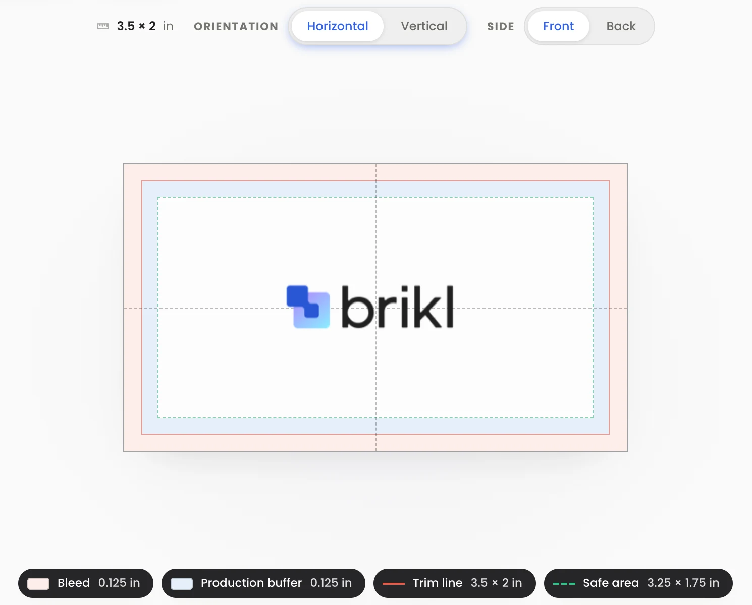 Brikl's business card editor showing a 3.5 by 2 inch card with bleed, trim line and safe area
