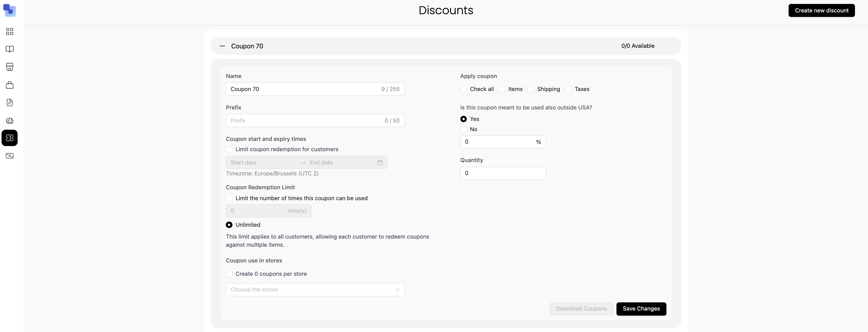 Brikl coupon and discount management interface showing coupon configuration options