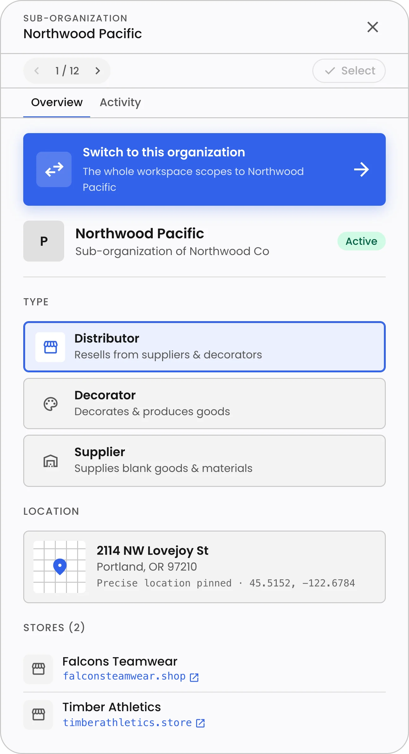 A sub-organization in Brikl: its type, its pinned location, its stores, and a one-click switch into its workspace