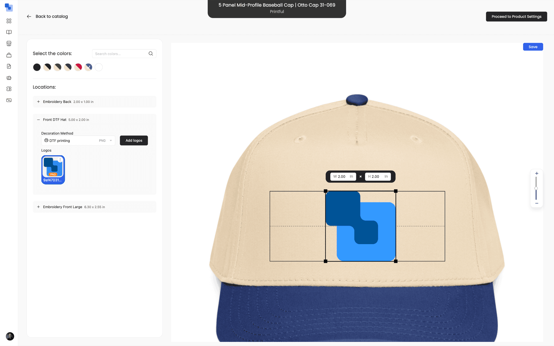Brikl Design Tool showing a cap with a DTF logo being placed on the front panel — decoration location, logo, and method are all configured visually