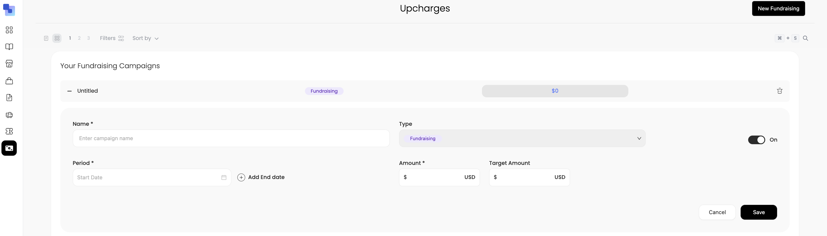 Brikl fundraising and upcharges management interface showing campaign configuration