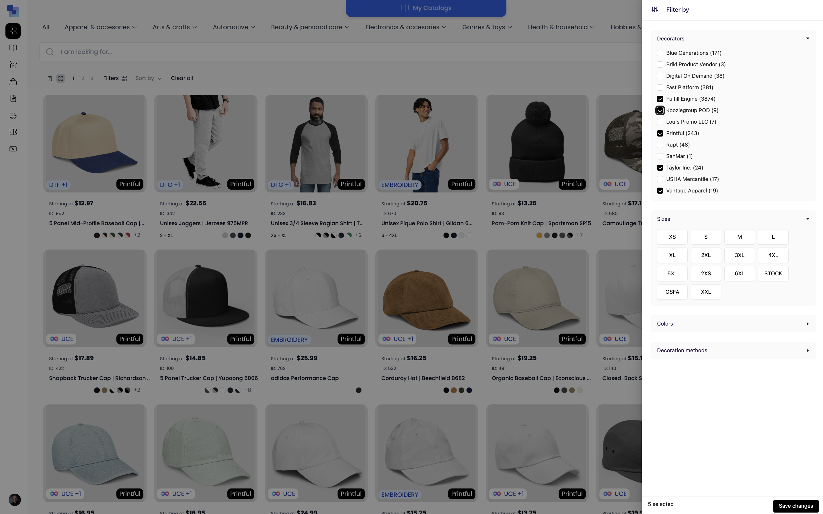 Brikl marketplace with decorator filter panel showing all fulfillment partners