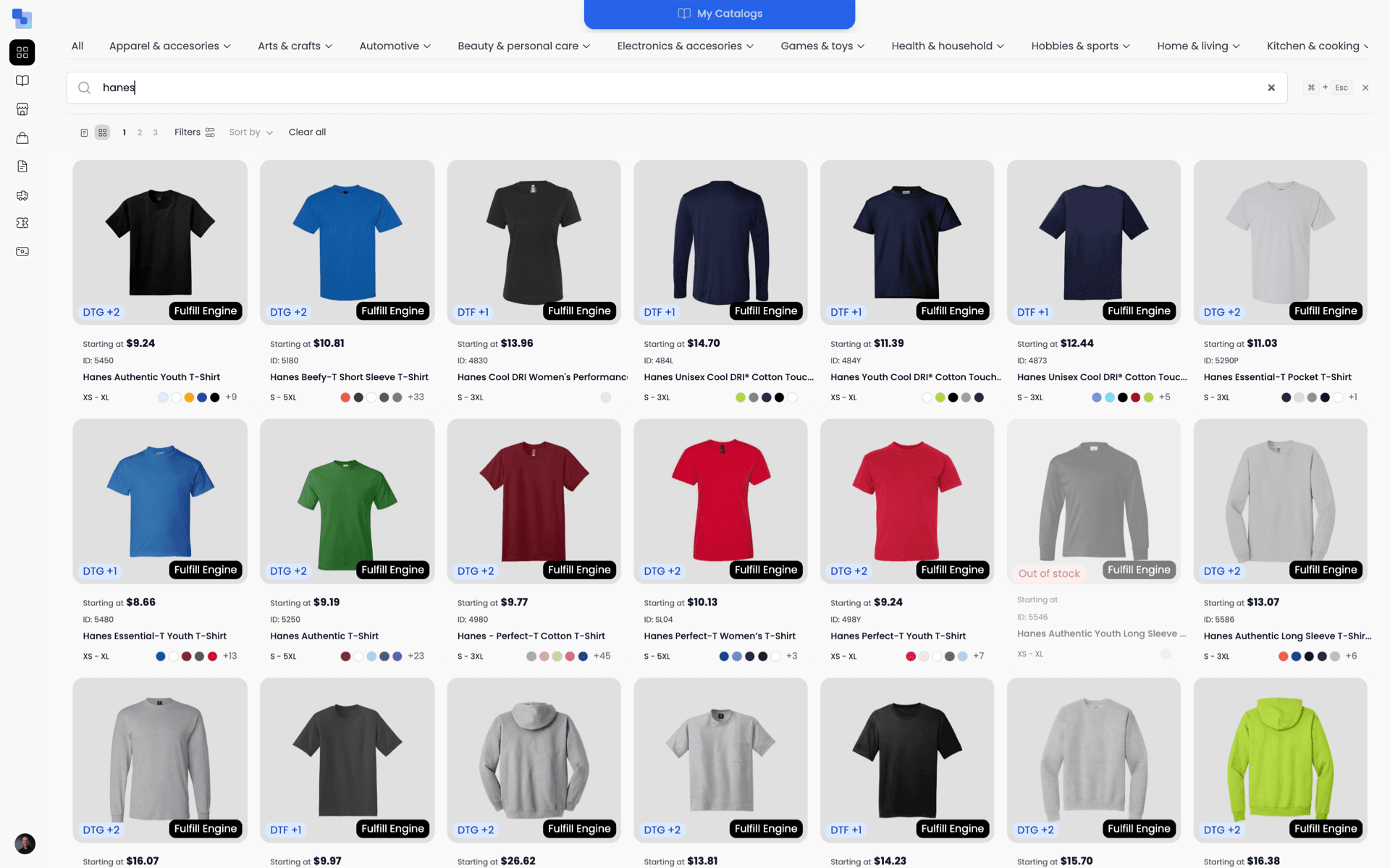 The Brikl marketplace filtered to t-shirts, showing a grid of tees in many colors with decoration method, fulfillment partner and starting price on each card