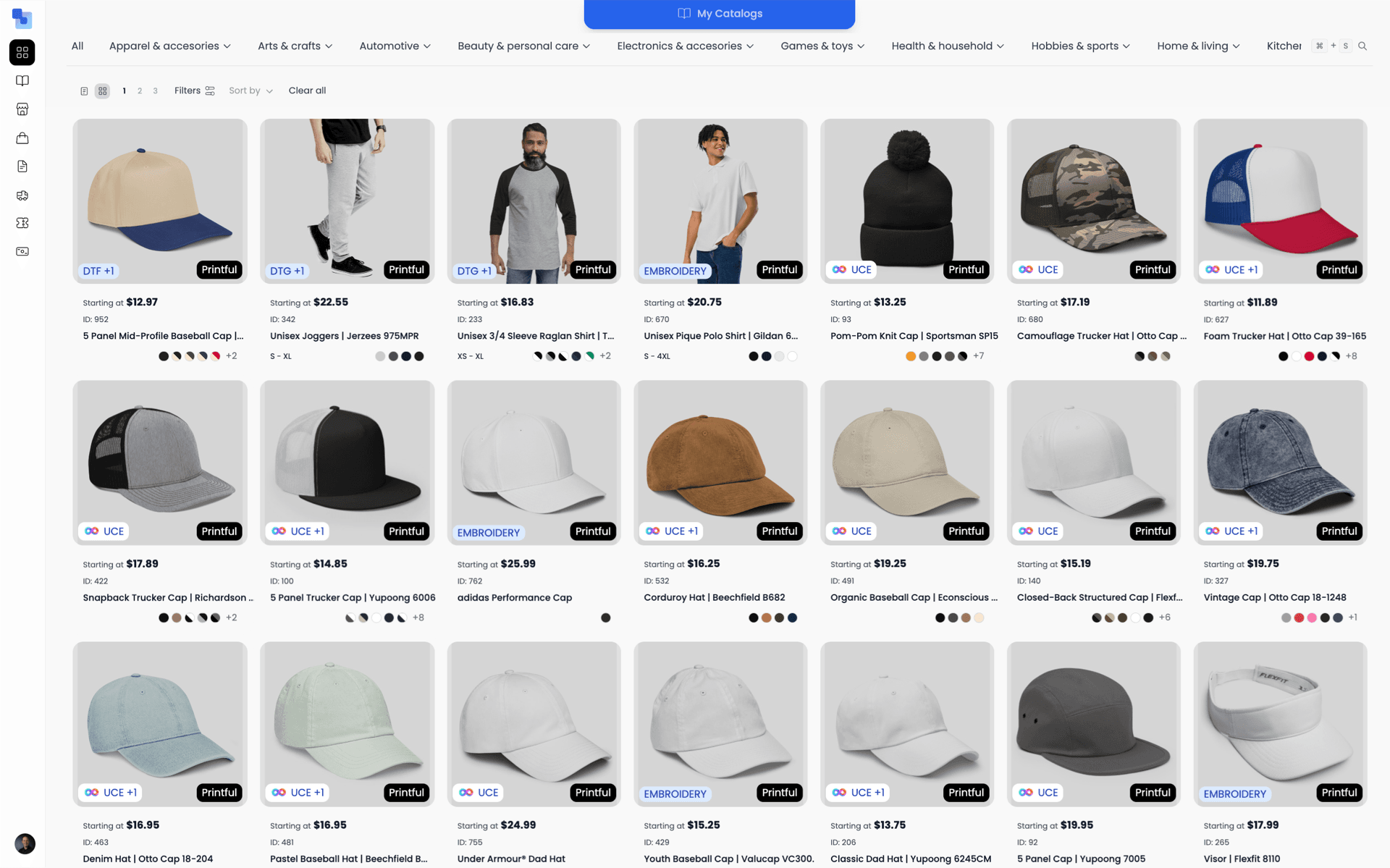 Brikl supplier marketplace showing hats and apparel with decoration badges