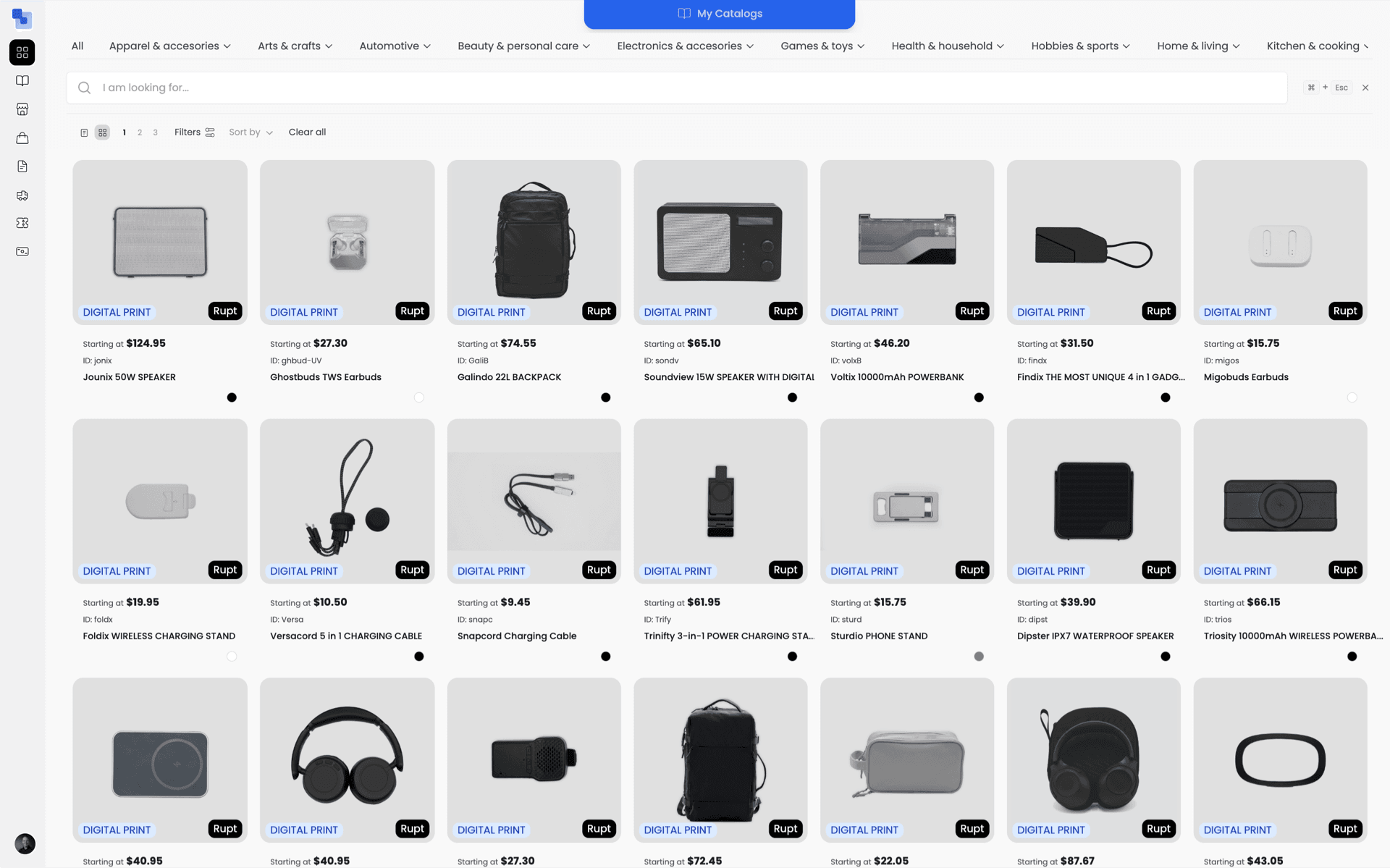 The Brikl marketplace showing tech products such as speakers, earbuds, headphones, power banks and chargers, each with its decoration method and starting price