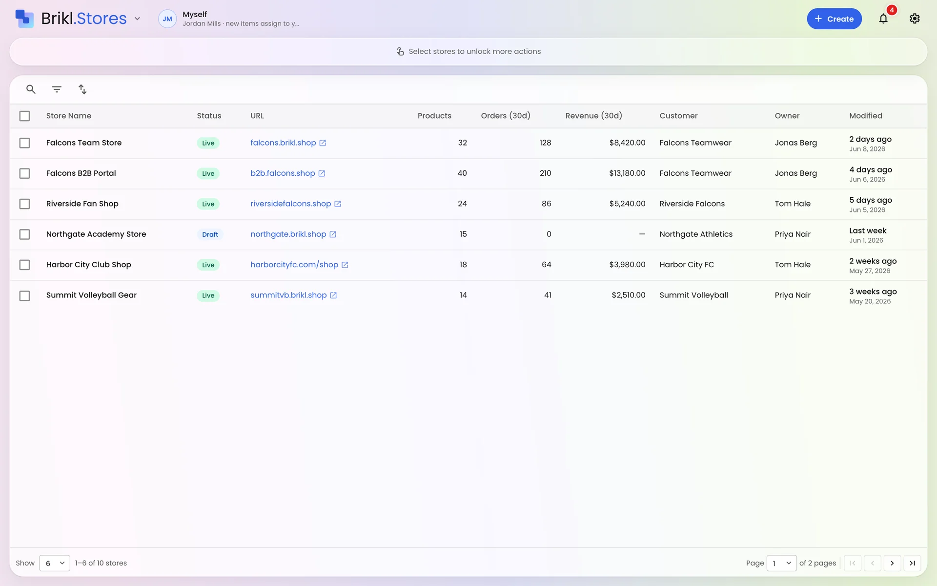 The Brikl stores list with several live stores, each showing its URL, product count, orders, revenue, customer and owner