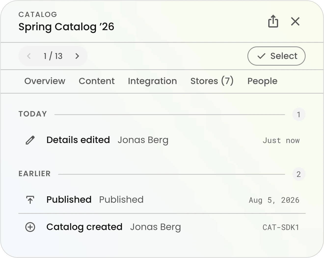 The activity timeline on a Brikl catalog record, listing a details edit, publishing and catalog creation with who did each and when