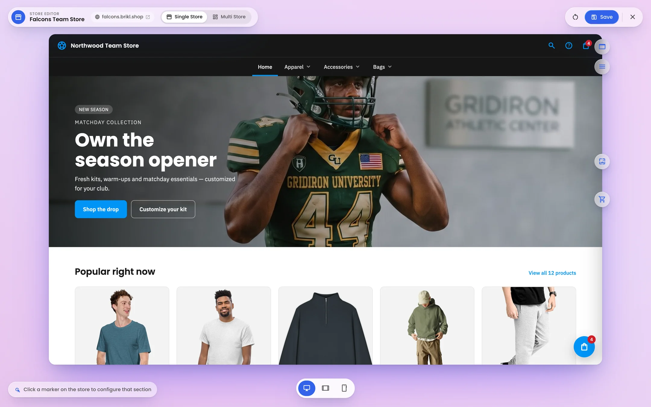 The Brikl store editor showing a team storefront with a hero banner and product row, ready to edit by clicking a section