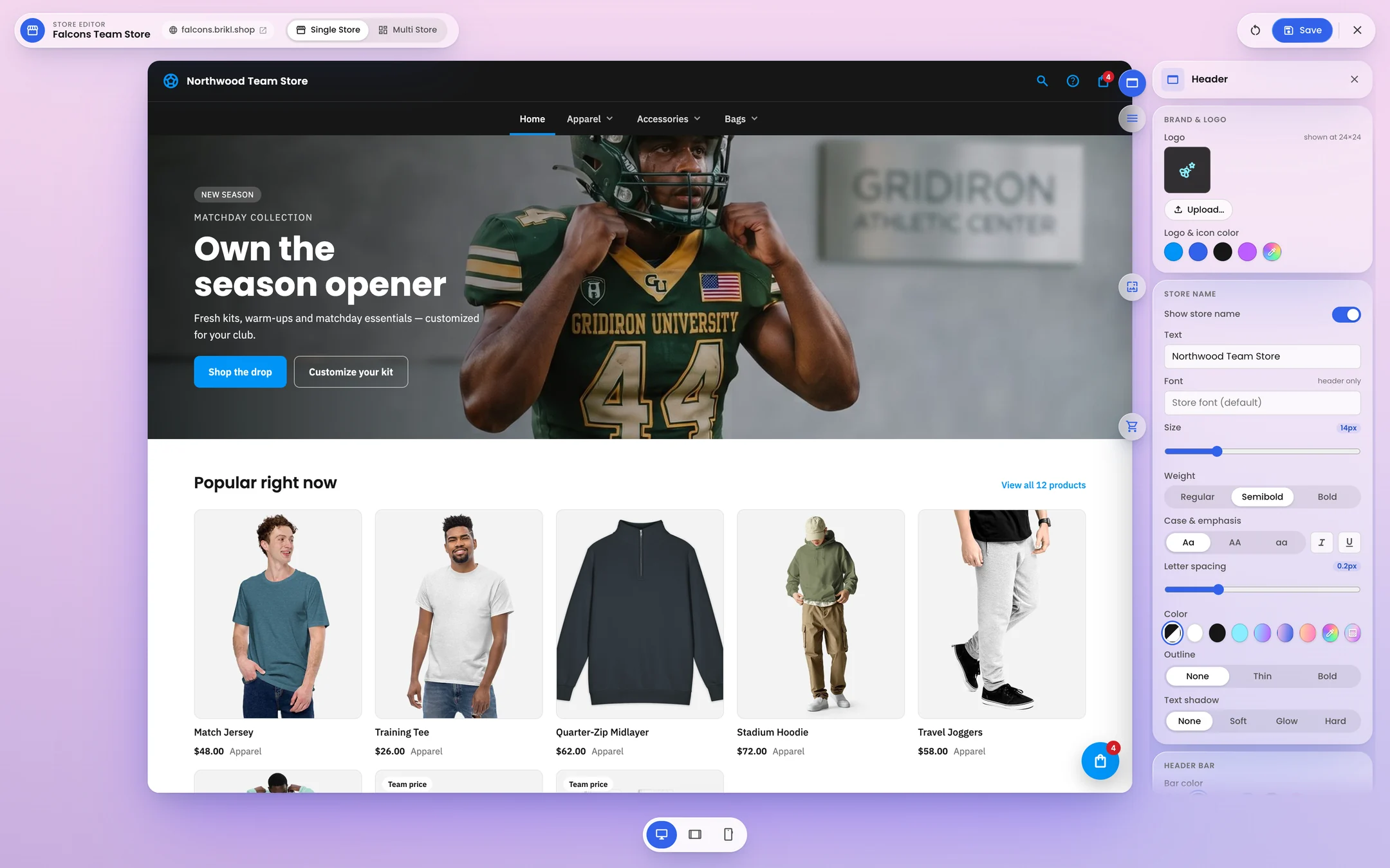 Brikl Store Editor with the header panel open beside a live team storefront, with desktop, tablet and phone previews