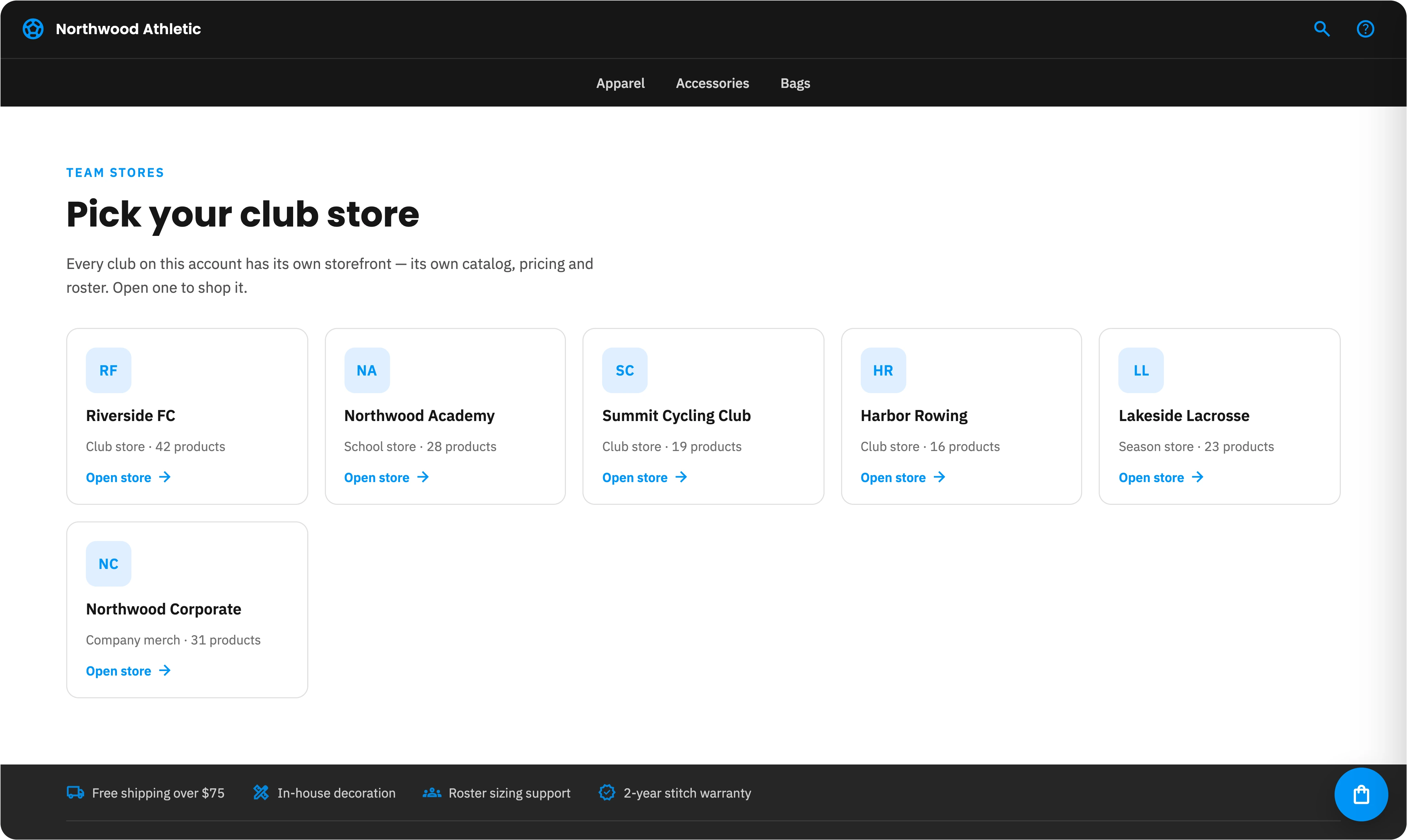 A Brikl storefront hub titled "Pick your club store," with a separate store card for each club, school and company under one organization