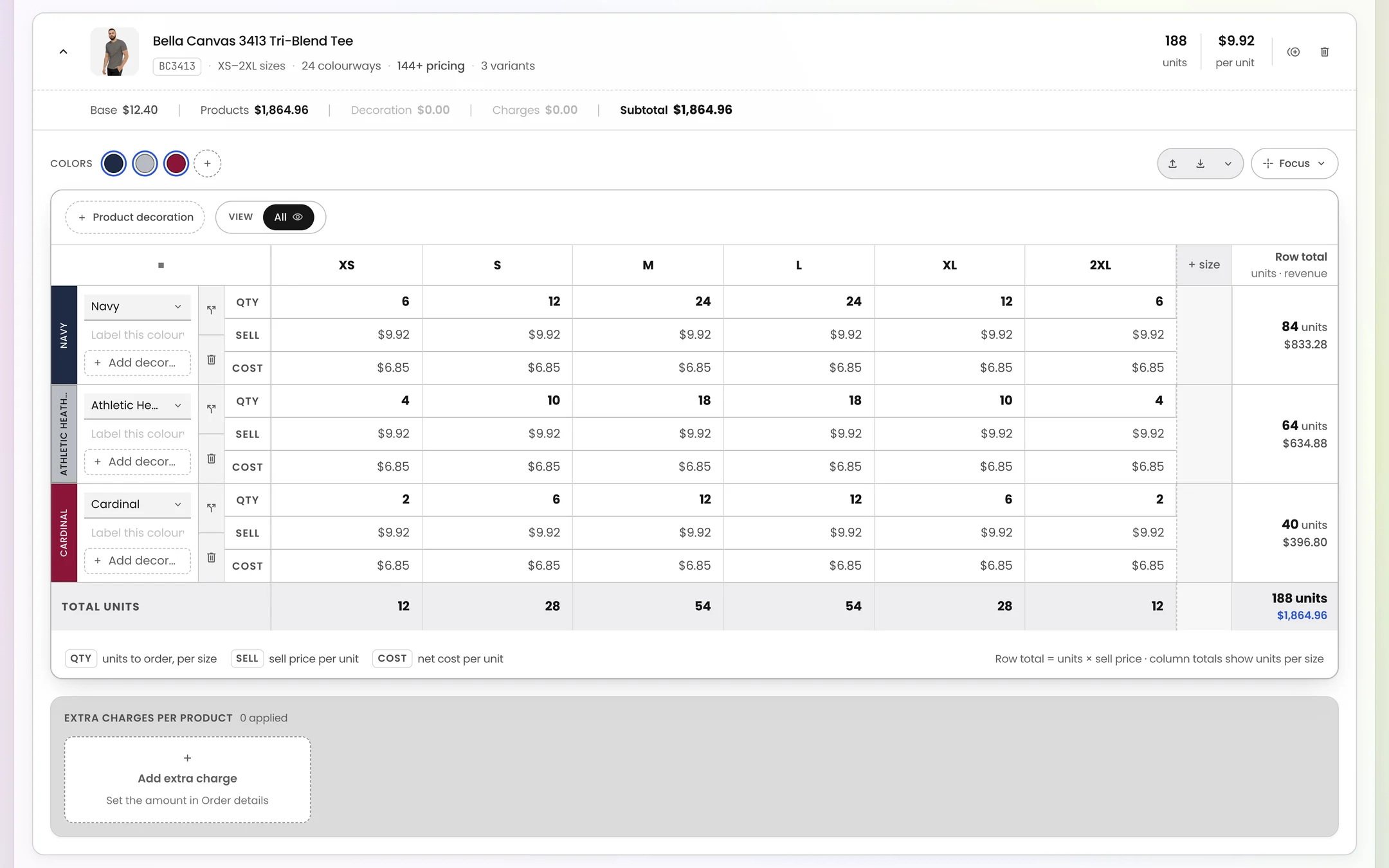 Order Builder in Brikl: a size grid with quantities per size for each product and row