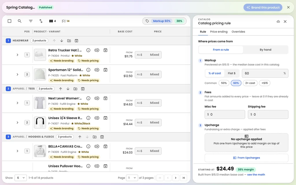 A Brikl catalog with the base cost of each product next to the catalog pricing rule panel, which shows a 60% markup and a starting price of $24.49 at a 38% margin