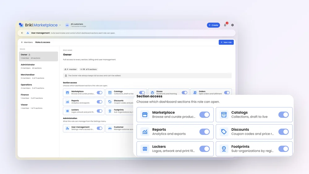 Brikl roles: each person on the dashboard sees only the sections their job needs