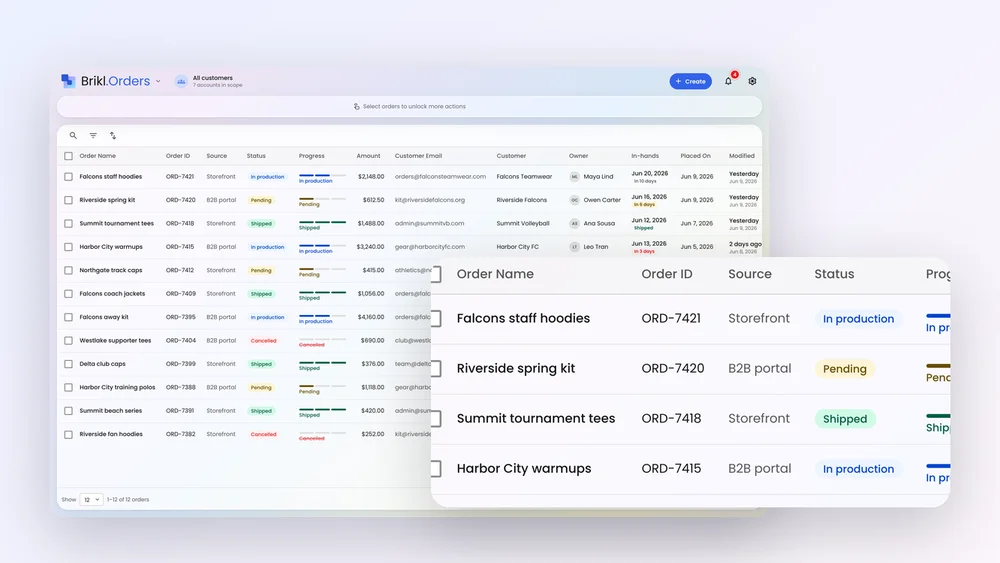 Brikl Orders list showing each order with its source and production status, from pending to in production and shipped