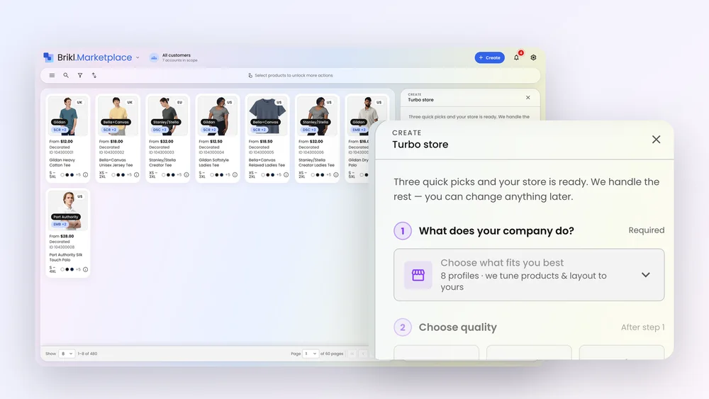 Turbo Store in Brikl: pick what the company does, a quality tier and a logo, and the store is built from the marketplace