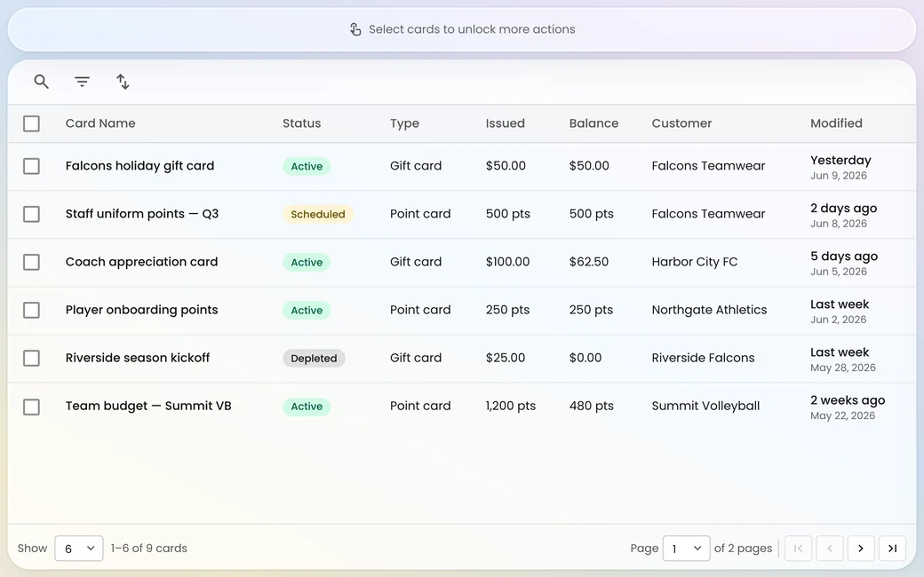 Brikl Wallet: gift cards and point budgets, such as staff uniform points for the quarter, with balance and status