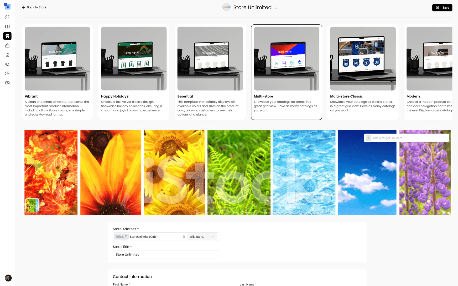 Template selection screen showing multiple store template options with preview thumbnails and a banner image upload area