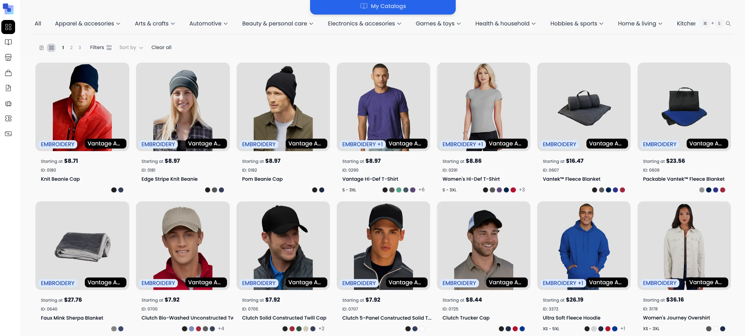 Vantage products available in the Brikl marketplace showing caps, t-shirts, blankets, and hoodies with embroidery decoration