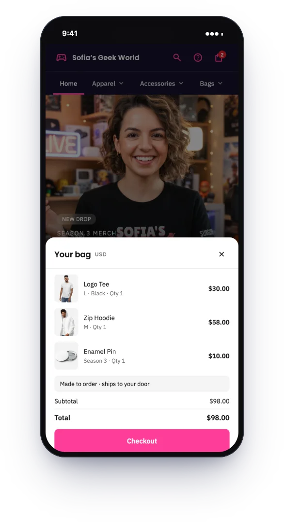 The store's bag on a phone: three items with their size and options, the total and the checkout button