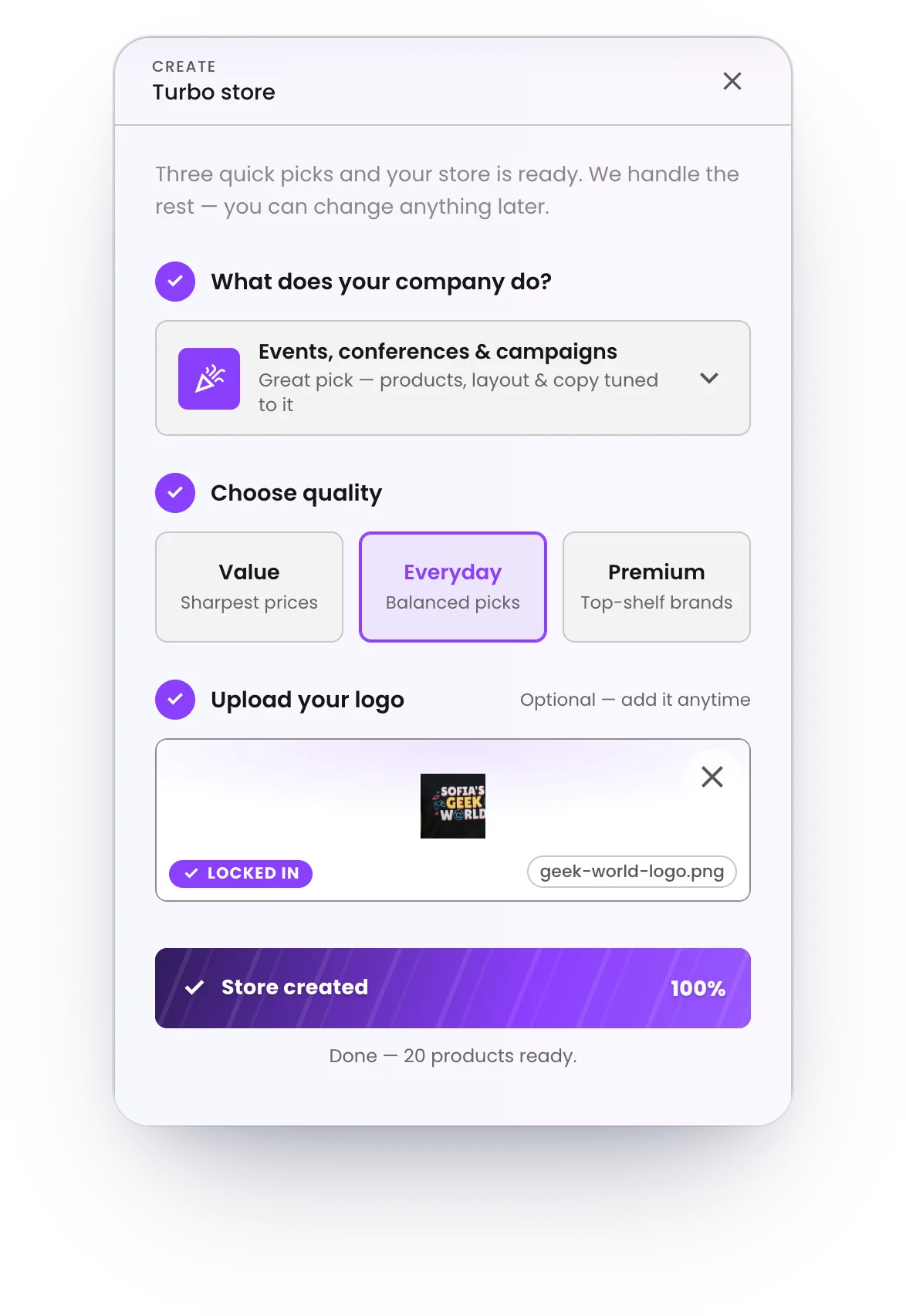 Turbo Store in the Brikl dashboard: the organization's profile, a quality lane and its logo picked, and the store created