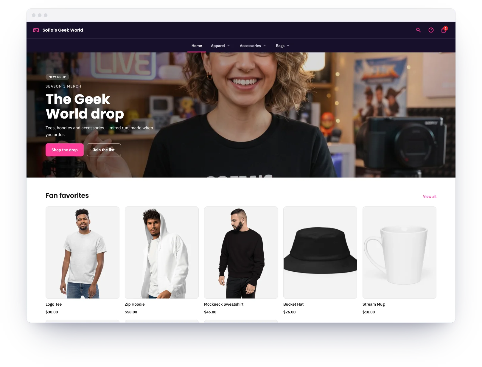 A creator merch store — tees, hoodies and accessories, as a Brikl storefront: the store's banner, its menu and its best-selling products