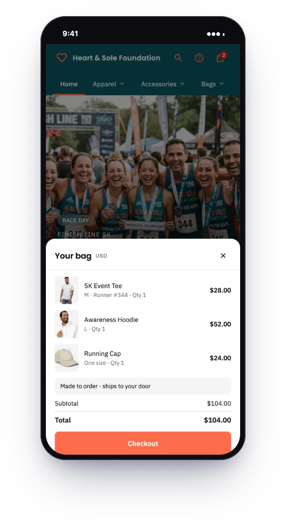 The store's bag on a phone: three items with their size and options, the total and the checkout button