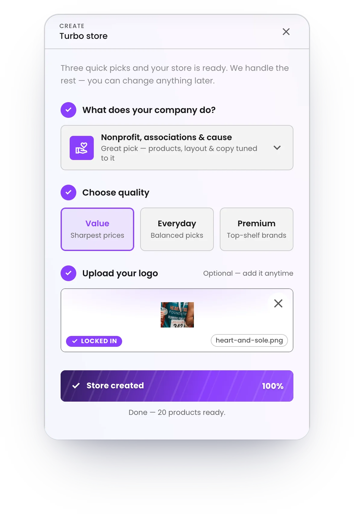 Turbo Store in the Brikl dashboard: the organization's profile, a quality lane and its logo picked, and the store created