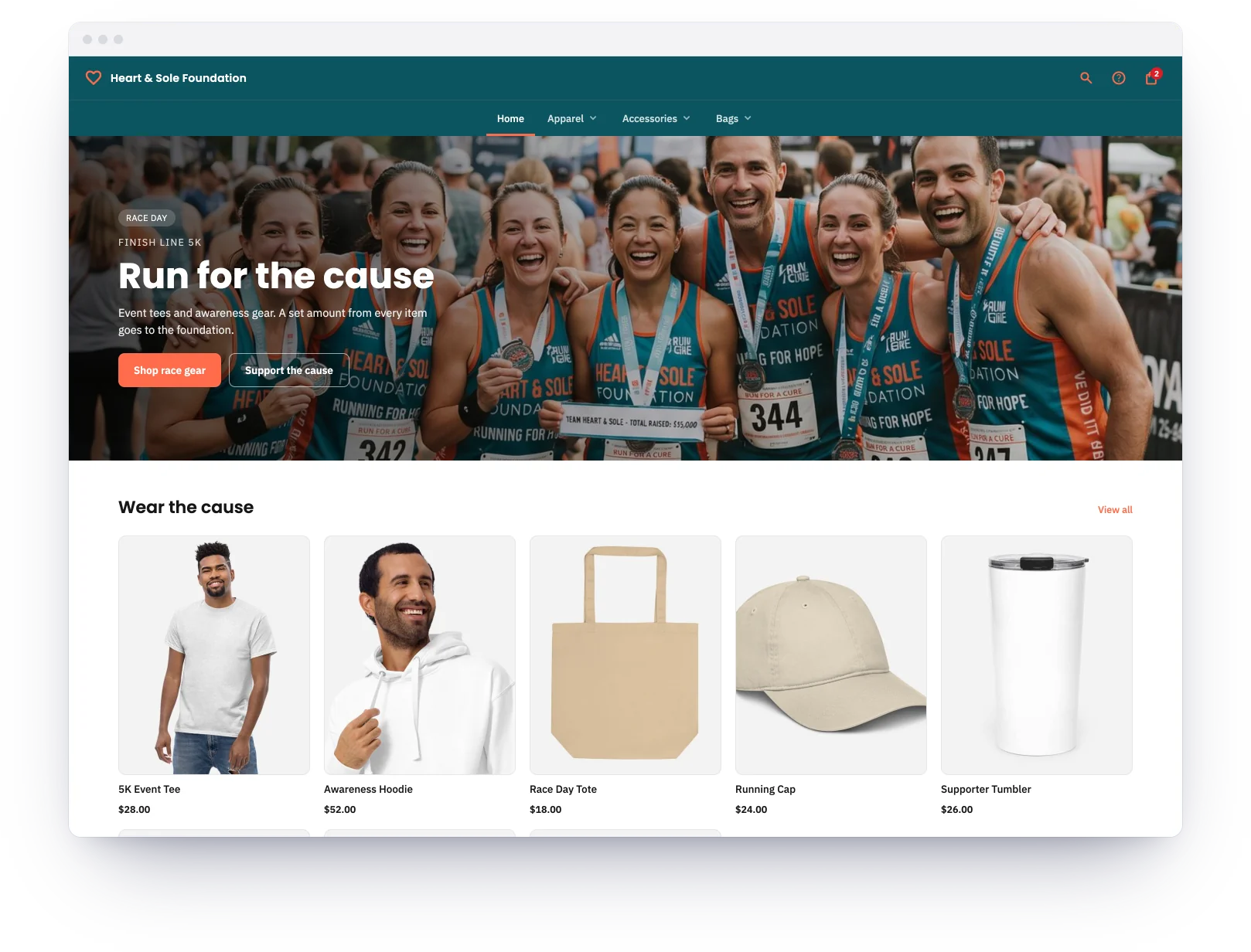 A nonprofit store — awareness gear and event merch, as a Brikl storefront: the store's banner, its menu and its best-selling products