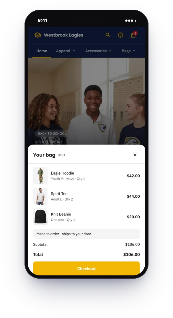 The store's bag on a phone: three items with their size and options, the total and the checkout button