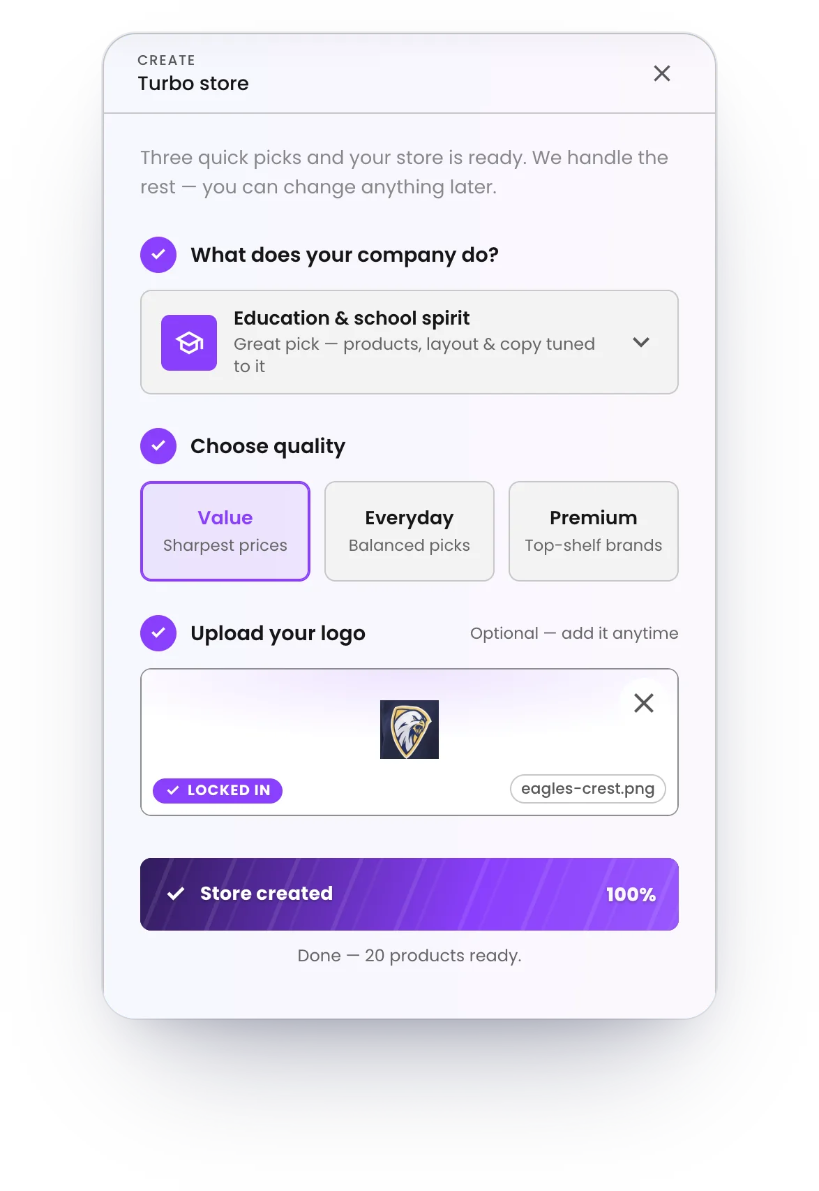 Turbo Store in the Brikl dashboard: the organization's profile, a quality lane and its logo picked, and the store created
