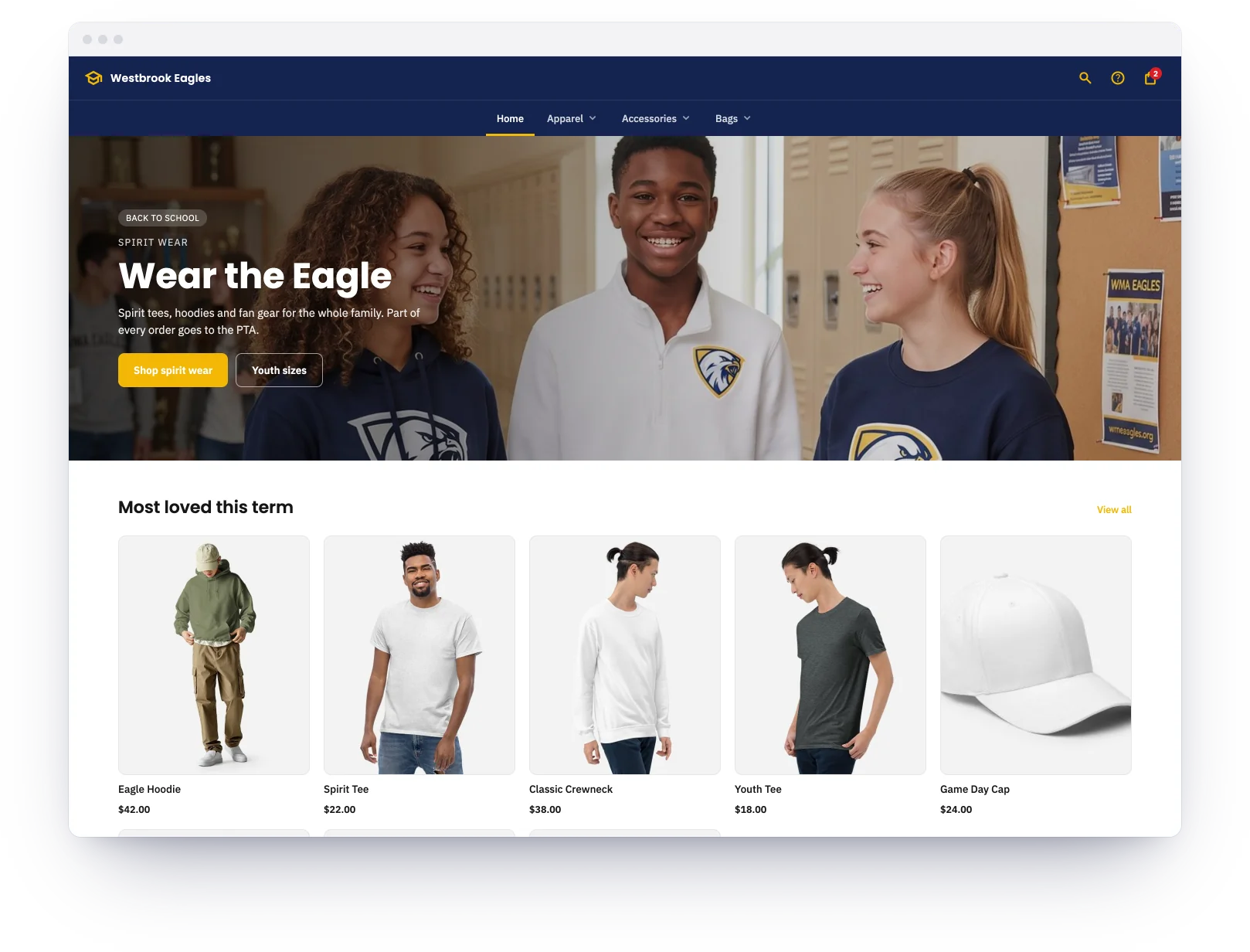 A school spirit store — tees, hoodies and fan gear, as a Brikl storefront: the store's banner, its menu and its best-selling products